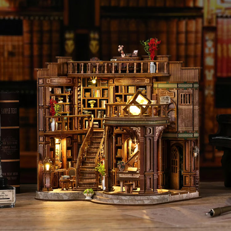 DIY Book Nook Miniature House Kit – Handmade Bookshelf Insert Model with LED Decor