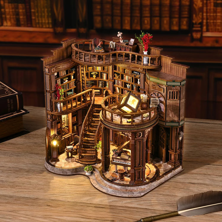 DIY Book Nook Miniature House Kit – Handmade Bookshelf Insert Model with LED Decor