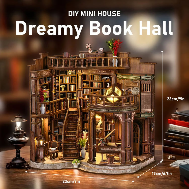 DIY Book Nook Miniature House Kit – Handmade Bookshelf Insert Model with LED Decor