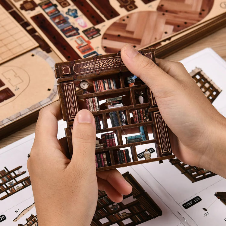 DIY Book Nook Miniature House Kit – Handmade Bookshelf Insert Model with LED Decor