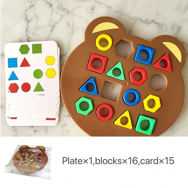 Little Bear Geometry Matching Puzzle, Montessori Education Block Game for Kids & Parents
